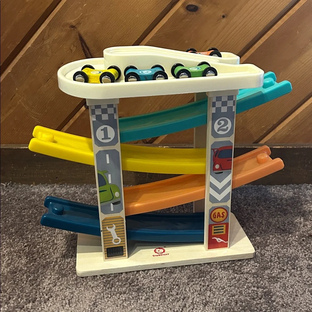 Toddler Montessori Style Wooden RaceTrack Car Ramp Toy w/ 4 Mini Cars